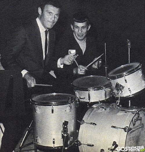 Adam West (Batman) & Leonard Nemoy (Spock) goof around on a drumset