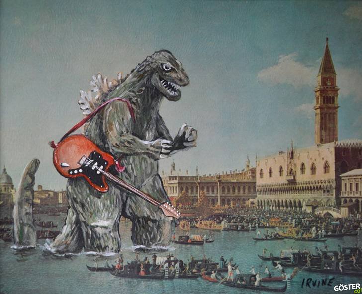 Eskiciden aldığı 18 tabloyu, Godzilla ve He-Man gibi popüler öğelerle donatıp sergiledi