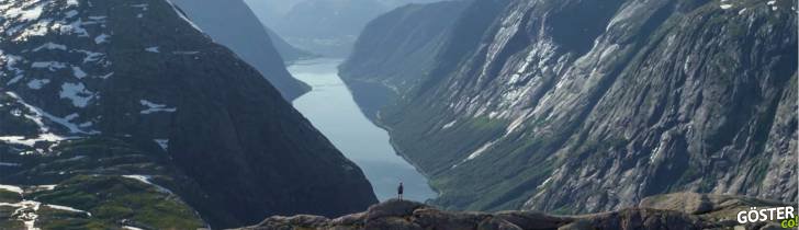 A man standing on a mountain with a view of Fjord Norway