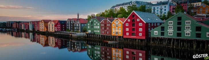 Old historic buildings along the river Nidelva in Trondheim