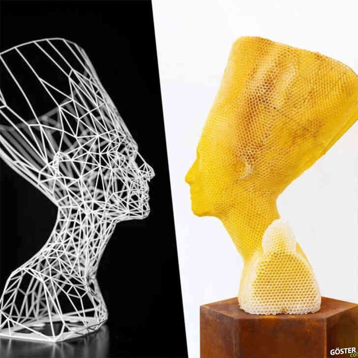 Bu Nefertiti petek heykelinin oluşturulmasına 60 bin arı yardımcı oldu