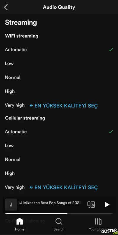 Spotify ses kalitesini ayarlama ve ses yükseltme