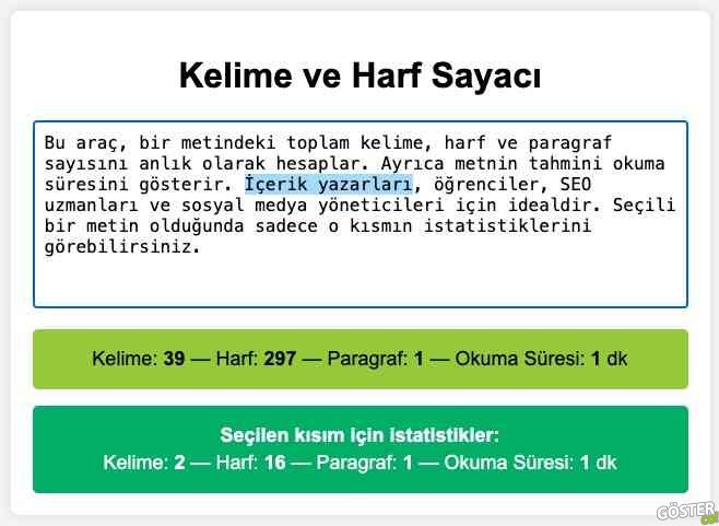 Göster CO Kelime ve Harf Sayacı sitesi yayında (Ücretsiz)